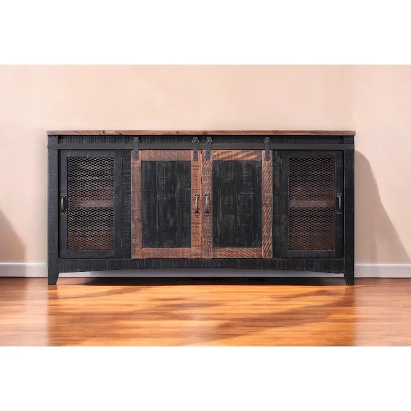 Meuble TV 68 po en bois massif noir avec rangement fermé et finition vieillie