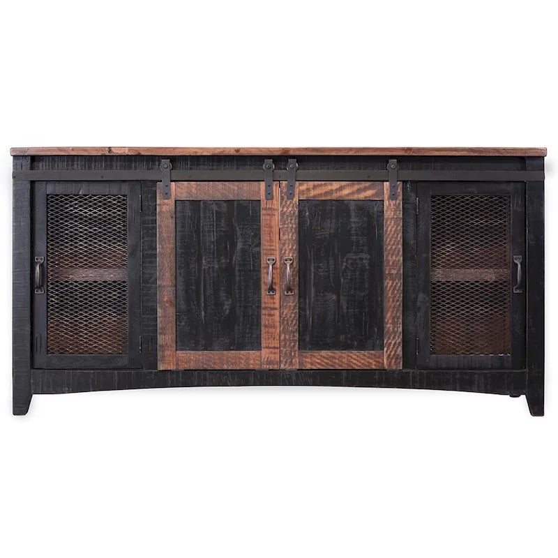Meuble TV 68 po en bois massif noir avec rangement fermé et finition vieillie