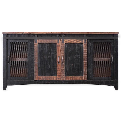Meuble TV 68 po en bois massif noir avec rangement fermé et finition vieillie