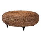 Table basse en jonc de mer tressé Riau avec pieds en bois - Table de salon ronde en osier naturel