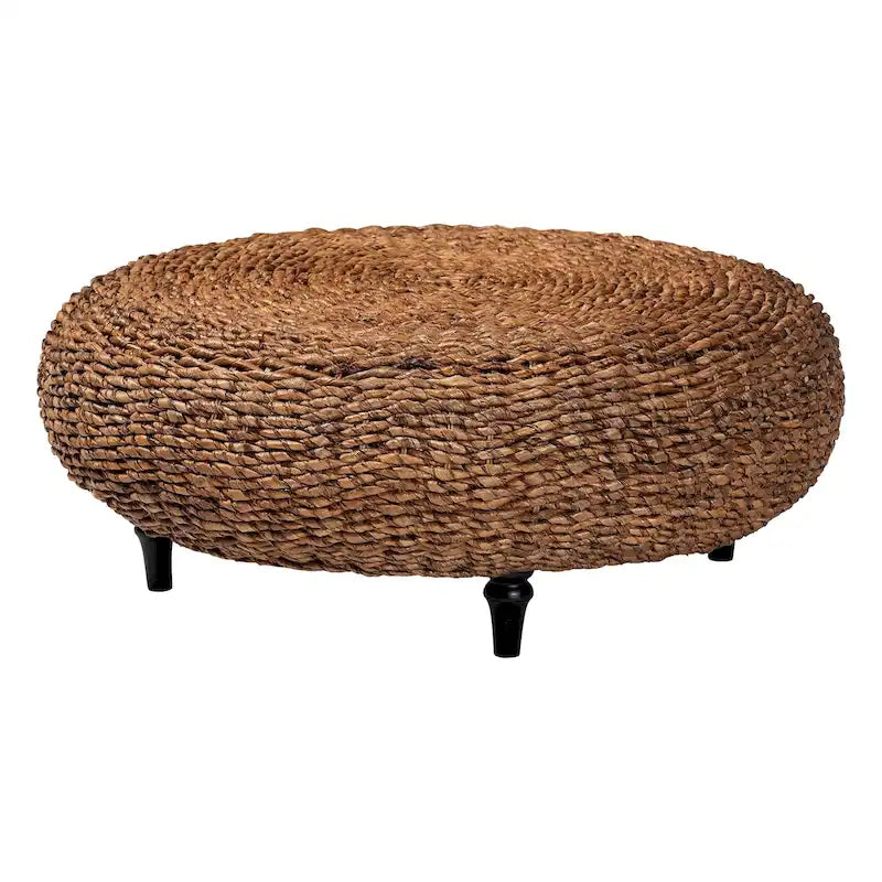 Table basse en jonc de mer tressé Riau avec pieds en bois - Table de salon ronde en osier naturel