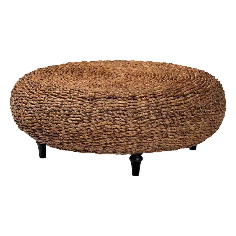 Table basse en jonc de mer tressé Riau avec pieds en bois - Table de salon ronde en osier naturel