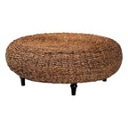 Table basse en jonc de mer tressé Riau avec pieds en bois - Table de salon ronde en osier naturel
