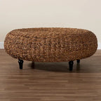 Table basse en jonc de mer tressé Riau avec pieds en bois - Table de salon ronde en osier naturel