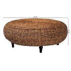 Table basse en jonc de mer tressé Riau avec pieds en bois - Table de salon ronde en osier naturel