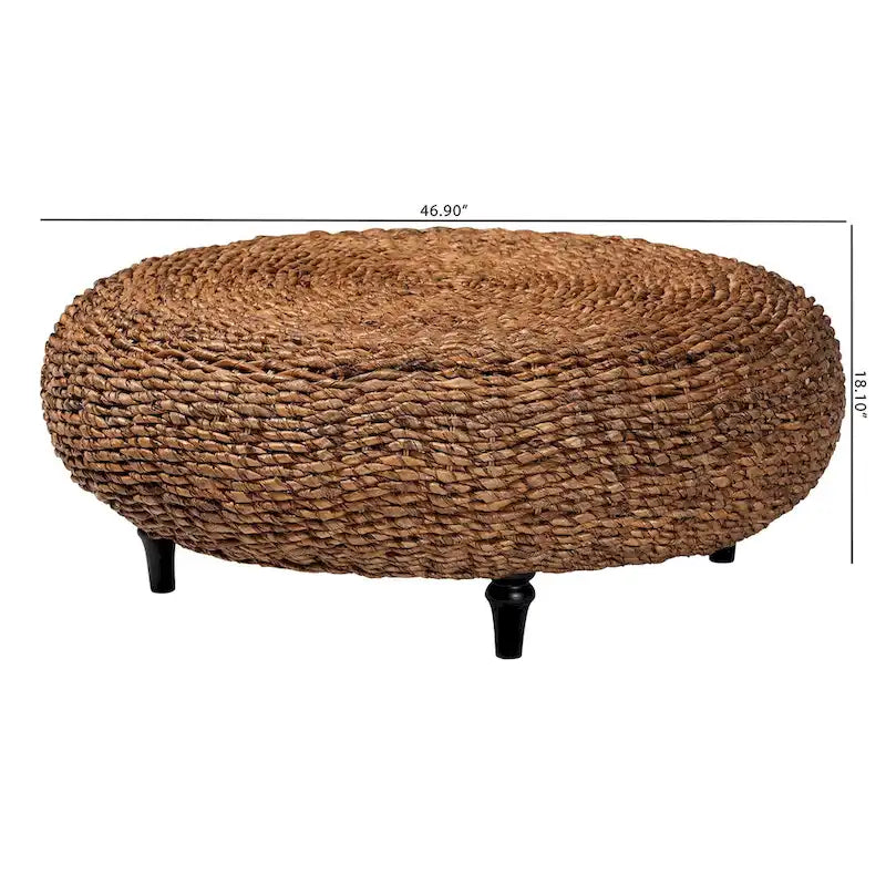 Table basse en jonc de mer tressé Riau avec pieds en bois - Table de salon ronde en osier naturel