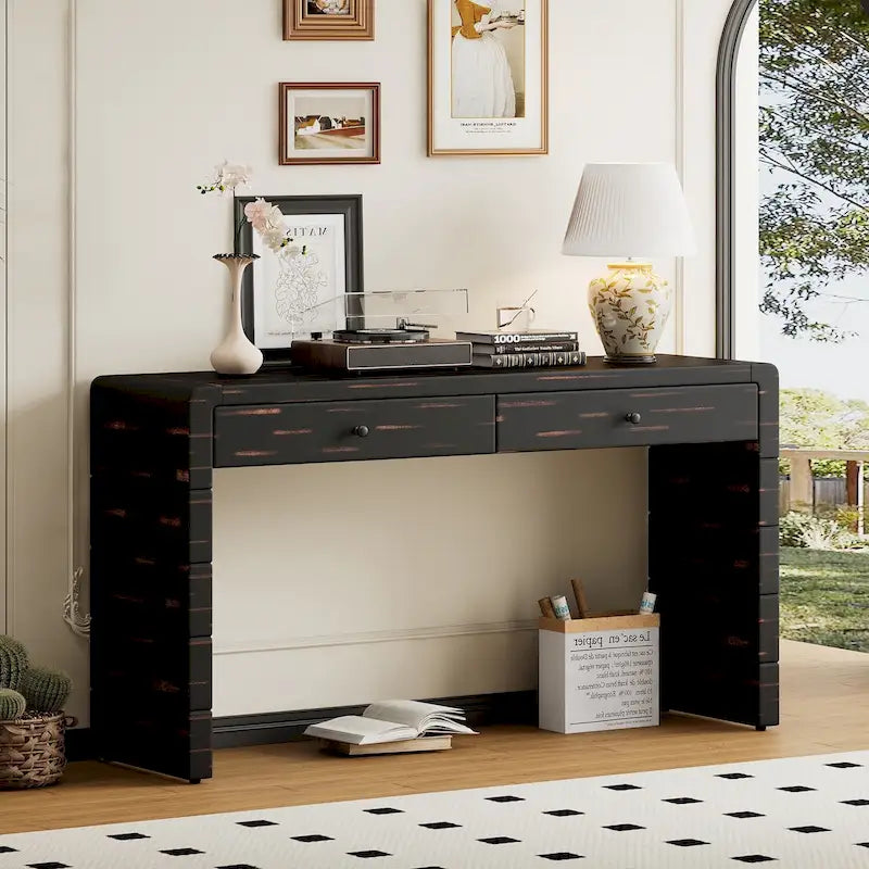 Console d'entrée incurvée en bois avec rangement, 2 tiroirs, rustique