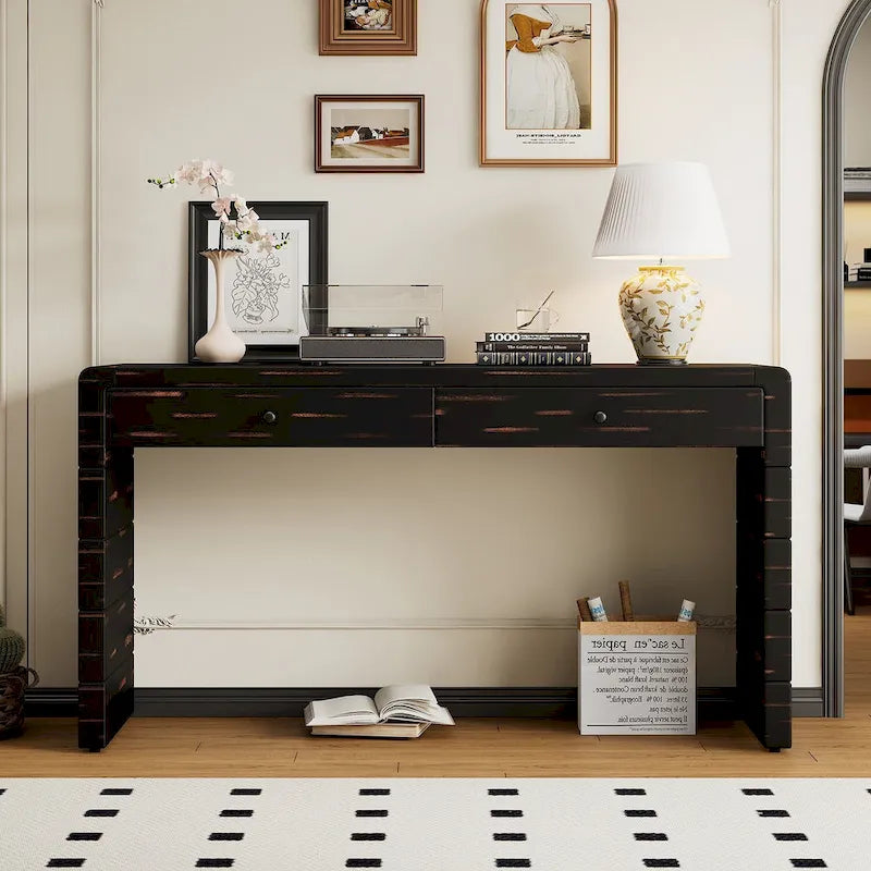 Console d'entrée incurvée en bois avec rangement, 2 tiroirs, rustique