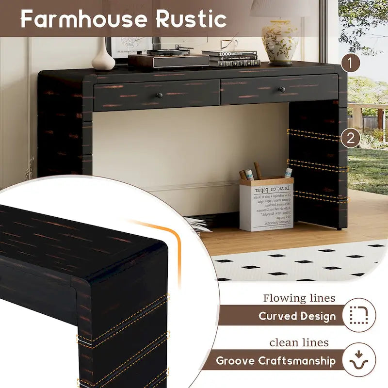 Console d'entrée incurvée en bois avec rangement, 2 tiroirs, rustique