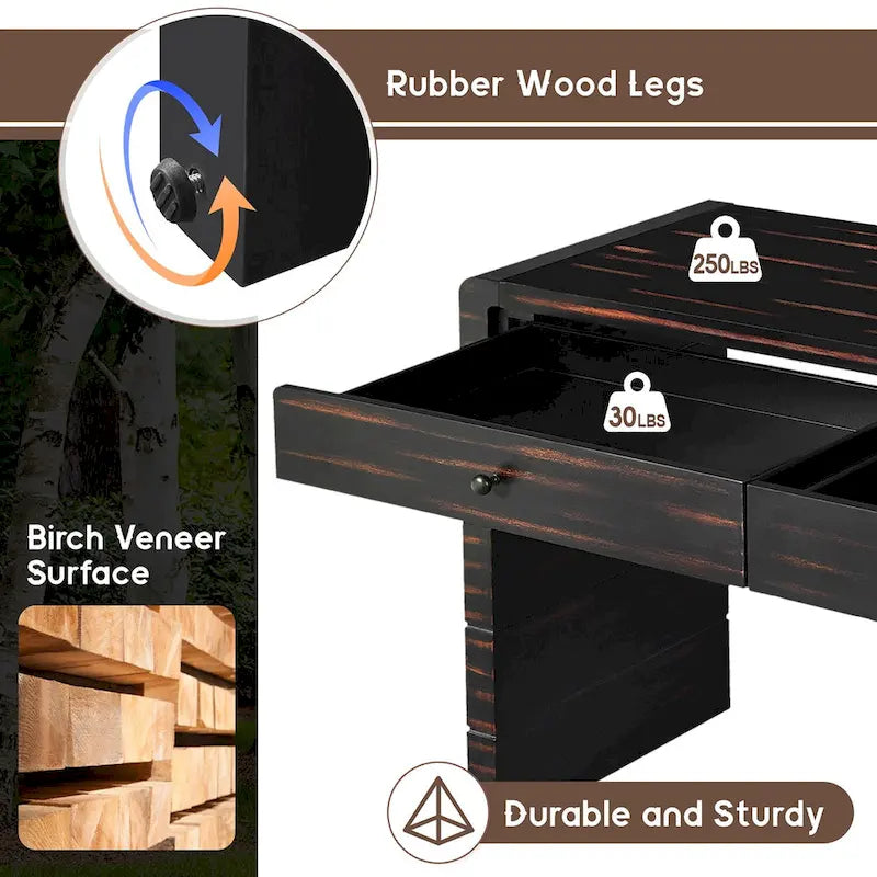 Console d'entrée incurvée en bois avec rangement, 2 tiroirs, rustique