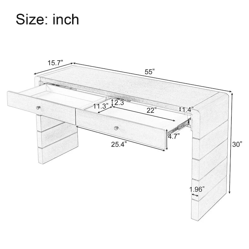 Console d'entrée incurvée en bois avec rangement, 2 tiroirs, rustique