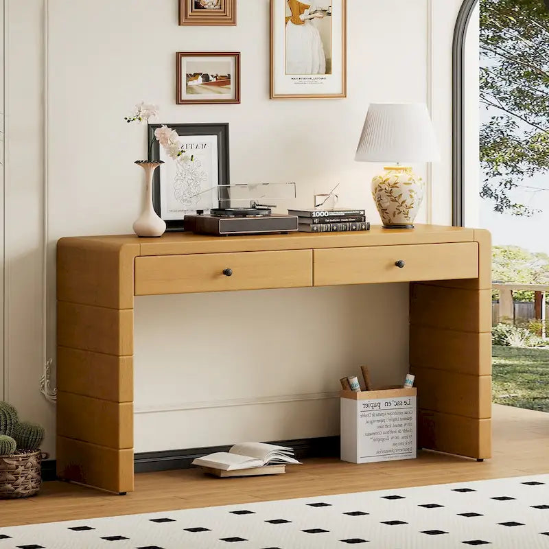 Console d'entrée incurvée en bois avec rangement, 2 tiroirs, rustique