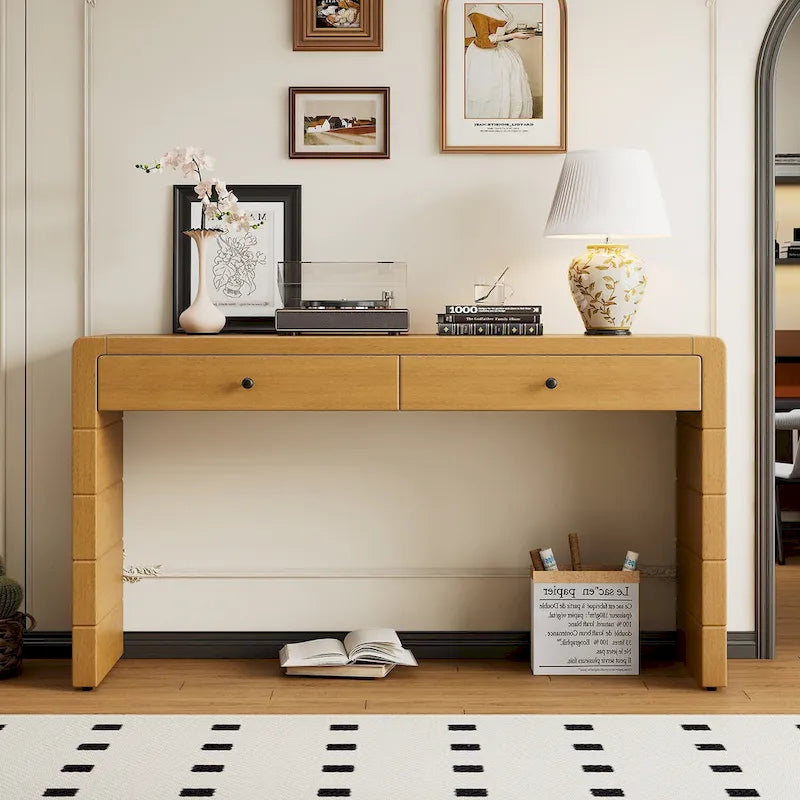 Console d'entrée incurvée en bois avec rangement, 2 tiroirs, rustique