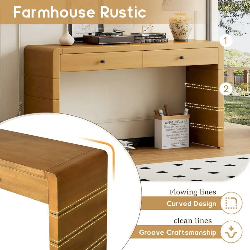 Console d'entrée incurvée en bois avec rangement, 2 tiroirs, rustique
