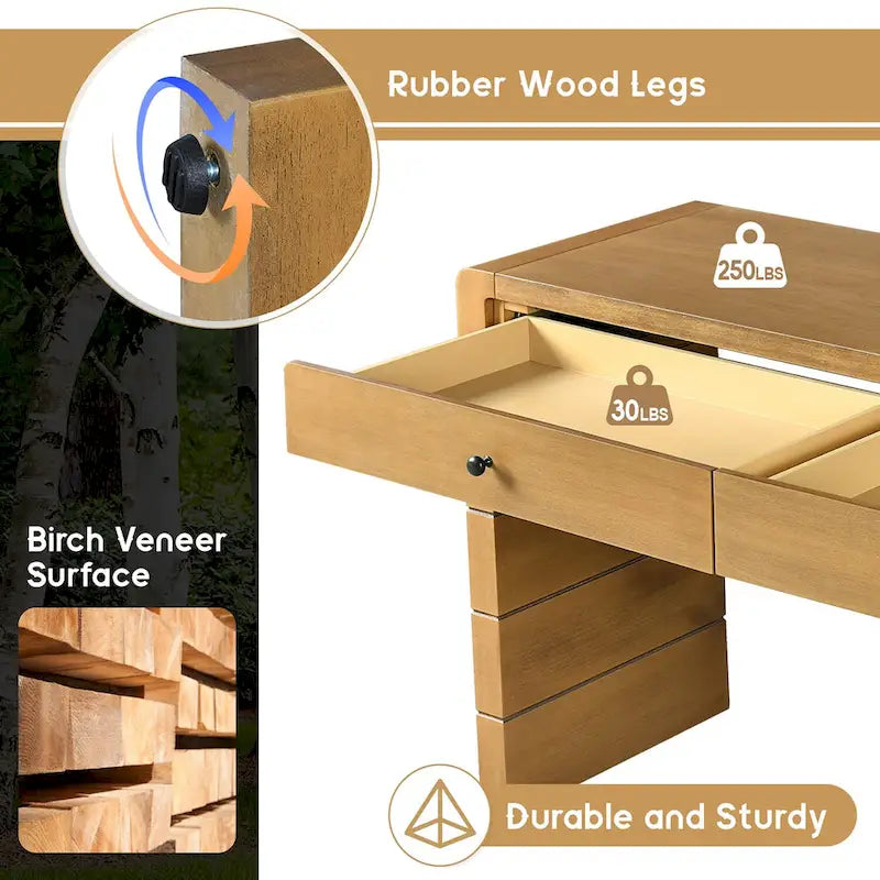 Console d'entrée incurvée en bois avec rangement, 2 tiroirs, rustique