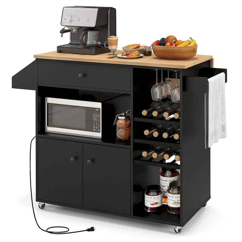 Chariot d'îlot de cuisine avec plateau rabattable et prise de courant, étagère pour micro-ondes