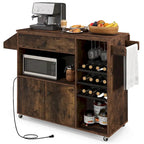 Chariot d'îlot de cuisine avec plateau rabattable et prise de courant, étagère pour micro-ondes