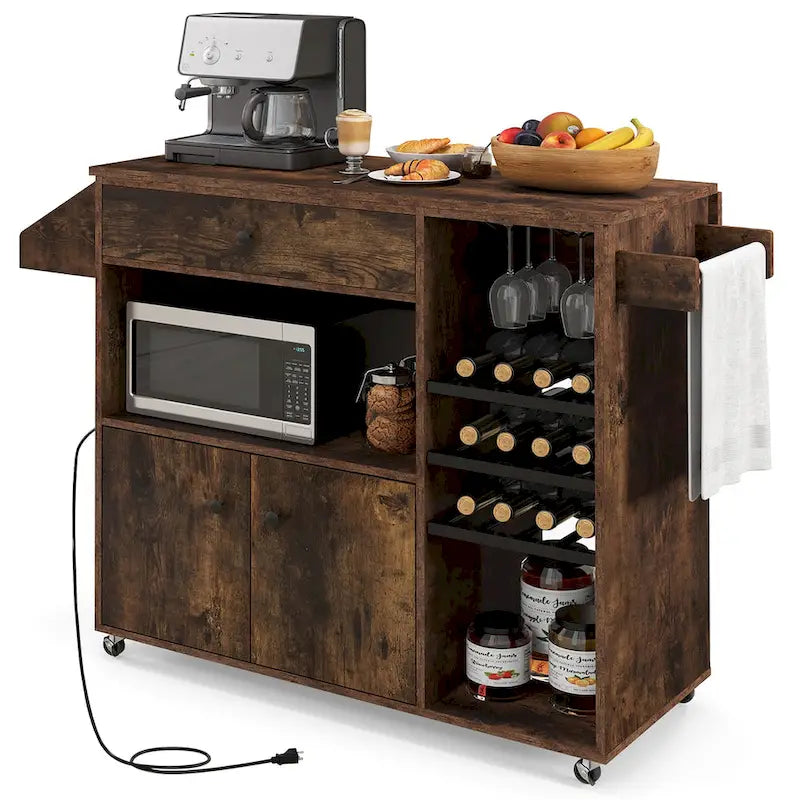 Chariot d'îlot de cuisine avec plateau rabattable et prise de courant, étagère pour micro-ondes