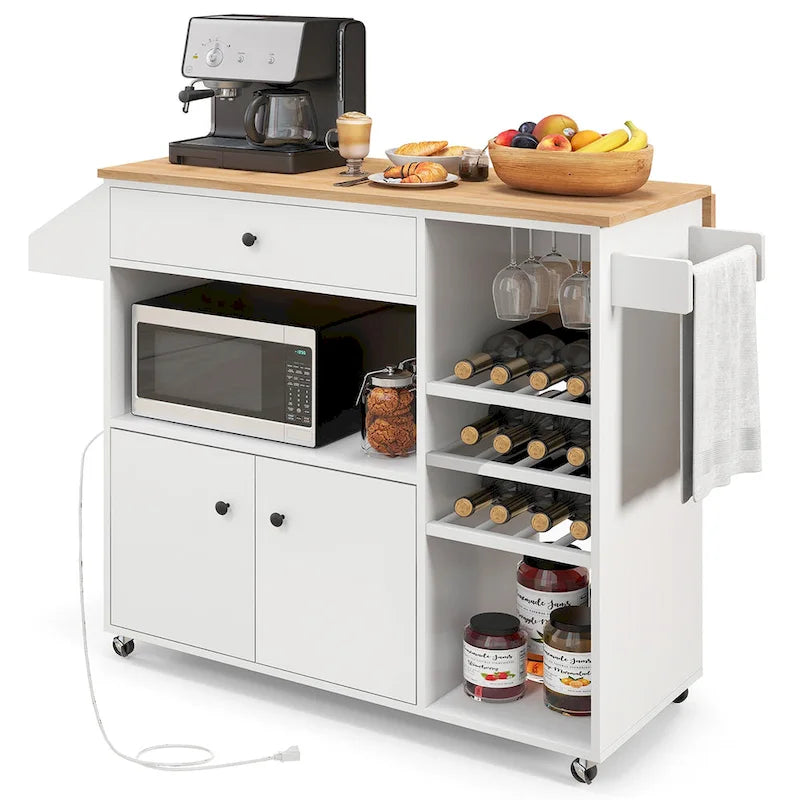 Chariot d'îlot de cuisine avec plateau rabattable et prise de courant, étagère pour micro-ondes