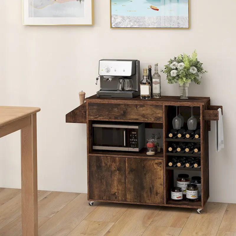 Chariot d'îlot de cuisine avec plateau rabattable et prise de courant, étagère pour micro-ondes