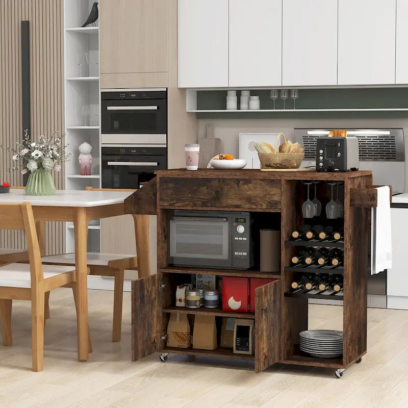 Chariot d'îlot de cuisine avec plateau rabattable et prise de courant, étagère pour micro-ondes