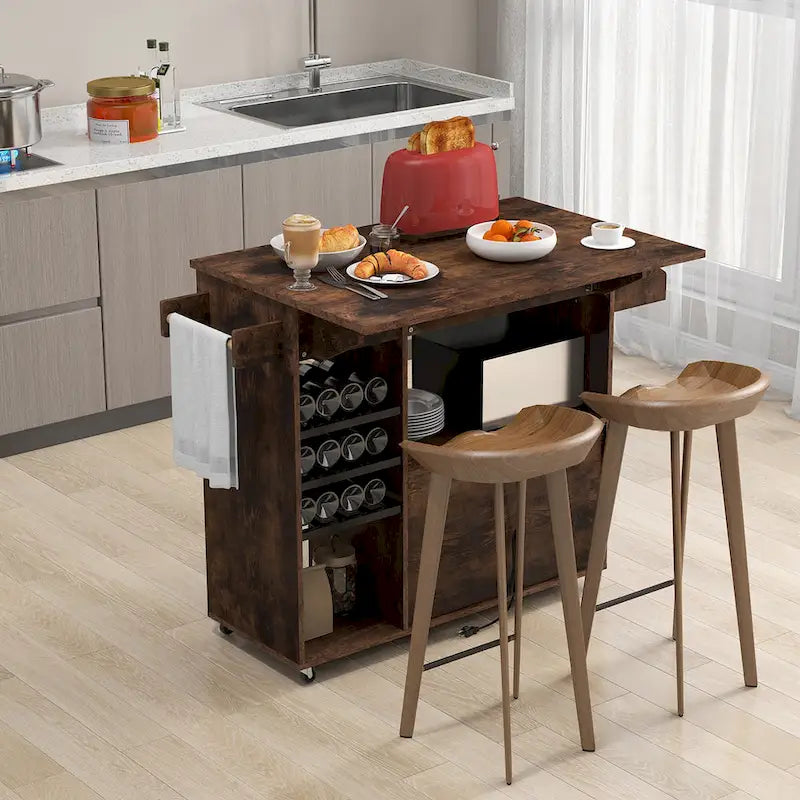 Chariot d'îlot de cuisine avec plateau rabattable et prise de courant, étagère pour micro-ondes