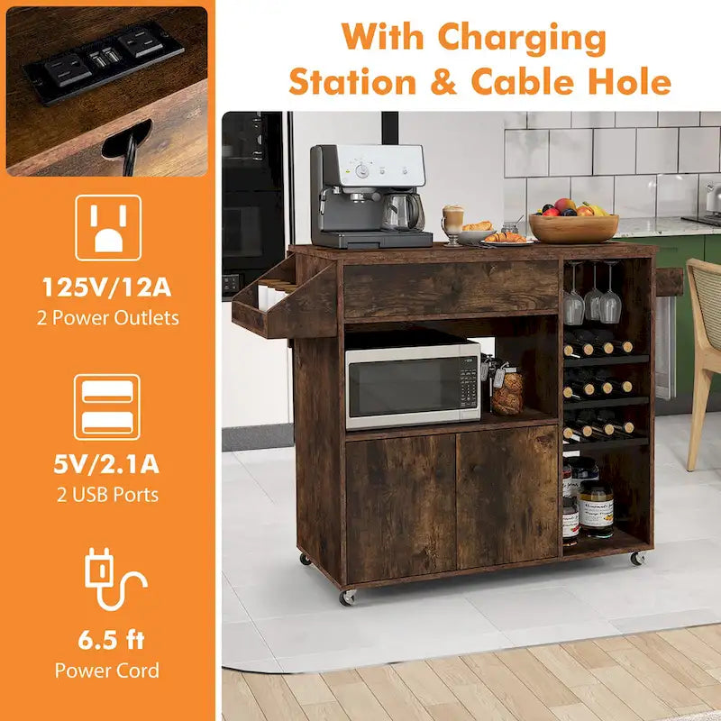 Chariot d'îlot de cuisine avec plateau rabattable et prise de courant, étagère pour micro-ondes