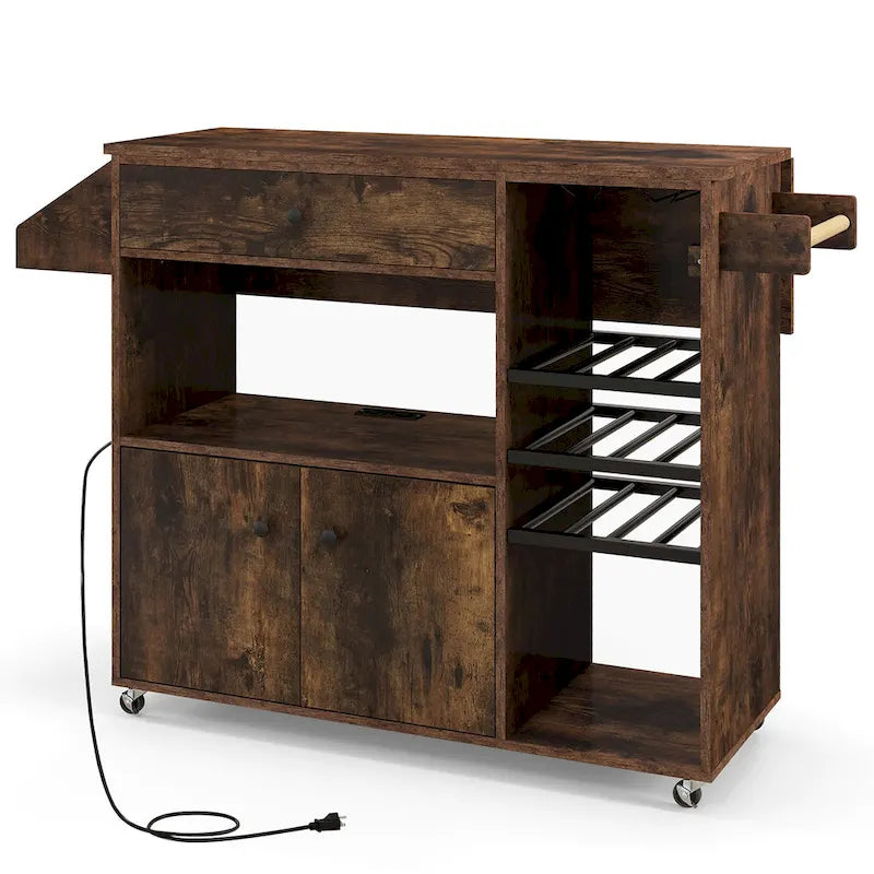 Chariot d'îlot de cuisine avec plateau rabattable et prise de courant, étagère pour micro-ondes