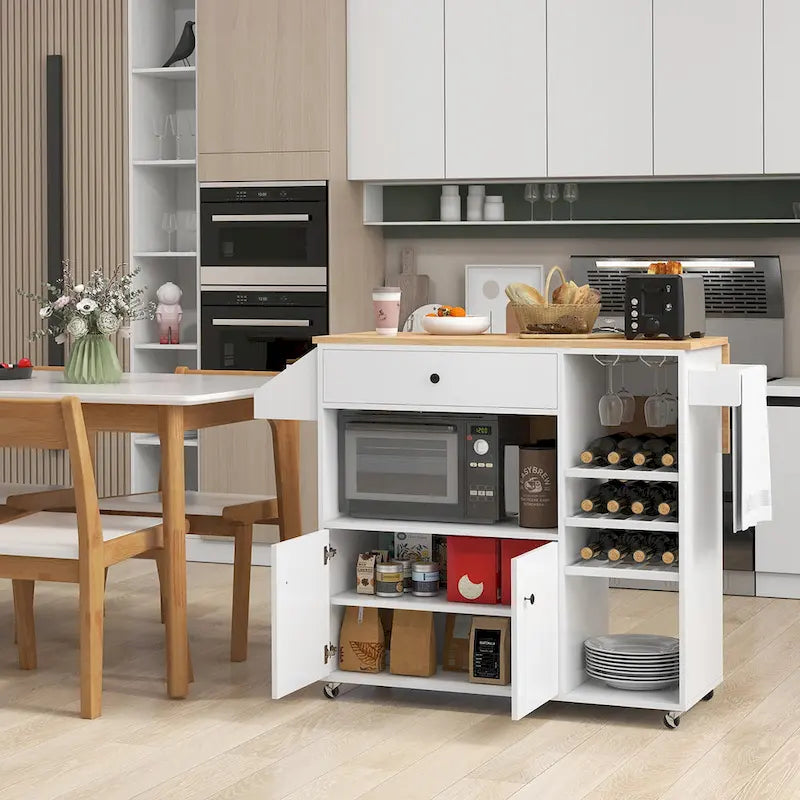 Chariot d'îlot de cuisine avec plateau rabattable et prise de courant, étagère pour micro-ondes