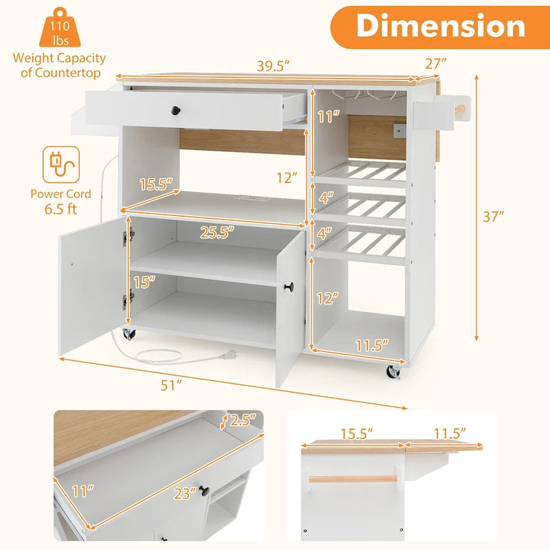 Chariot d'îlot de cuisine avec plateau rabattable et prise de courant, étagère pour micro-ondes
