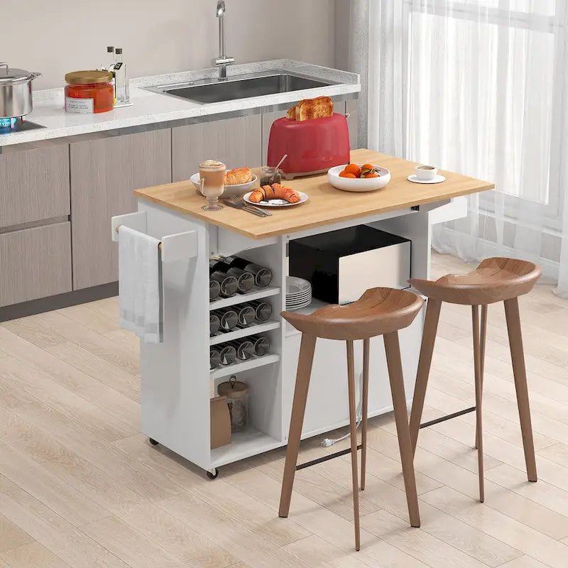 Chariot d'îlot de cuisine avec plateau rabattable et prise de courant, étagère pour micro-ondes