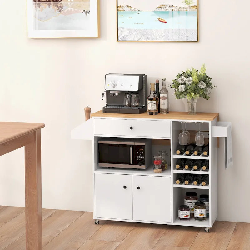 Chariot d'îlot de cuisine avec plateau rabattable et prise de courant, étagère pour micro-ondes