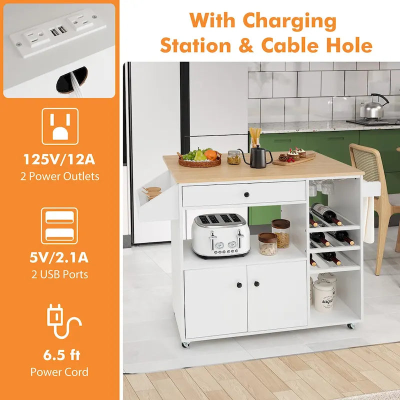 Chariot d'îlot de cuisine avec plateau rabattable et prise de courant, étagère pour micro-ondes