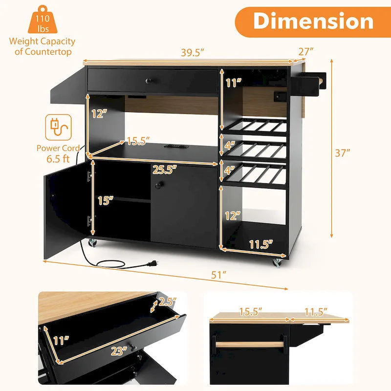 Chariot d'îlot de cuisine avec plateau rabattable et prise de courant, étagère pour micro-ondes