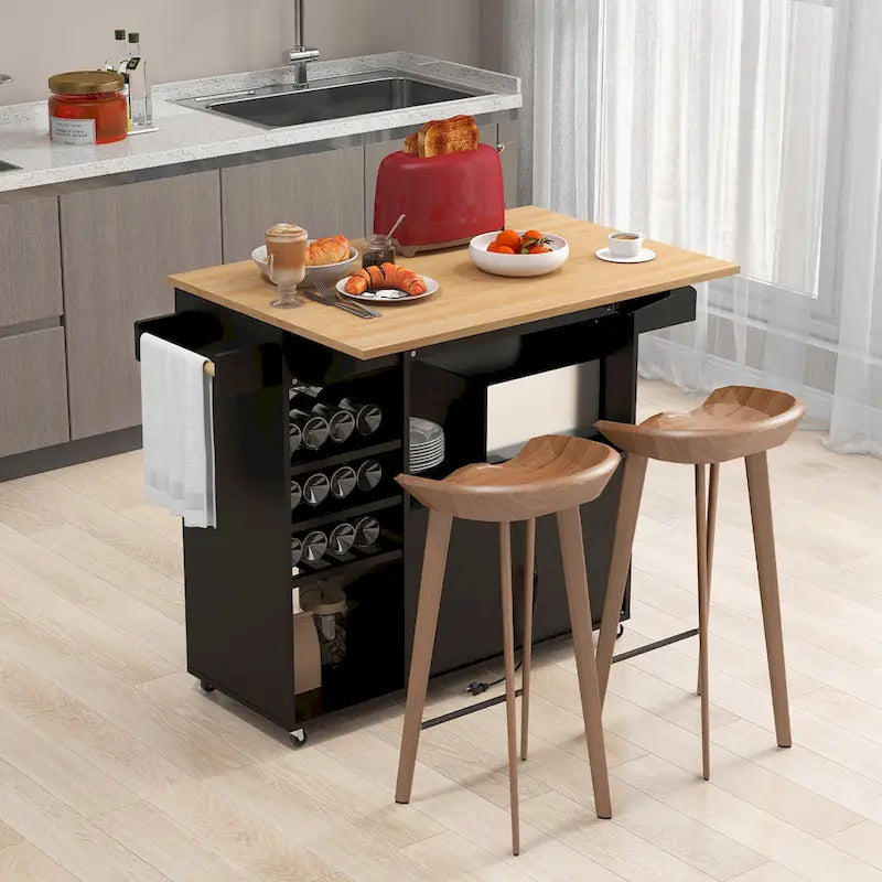 Chariot d'îlot de cuisine avec plateau rabattable et prise de courant, étagère pour micro-ondes