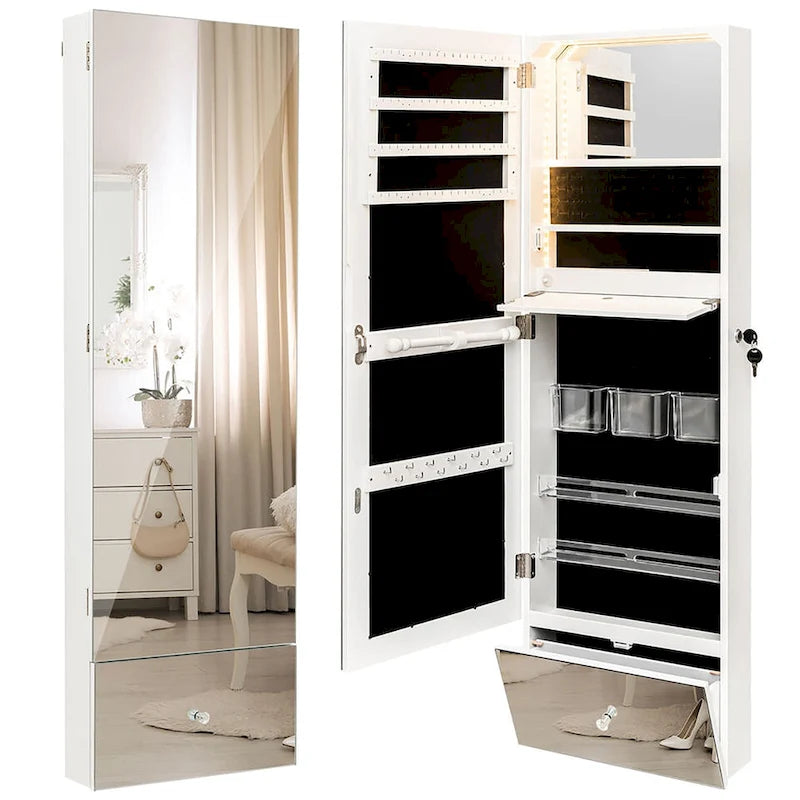 Armoire à bijoux murale avec miroir pleine longueur et éclairage LED