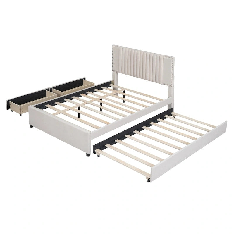 Lit plateforme tapissé de lin, tête de lit à lignes verticales avec garniture cloutée, cadre de lit en panneaux de bois avec tiroirs et lit gigogne