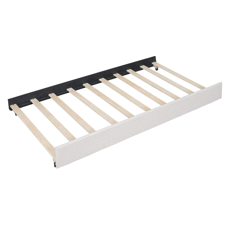 Lit plateforme tapissé de lin, tête de lit à lignes verticales avec garniture cloutée, cadre de lit en panneaux de bois avec tiroirs et lit gigogne