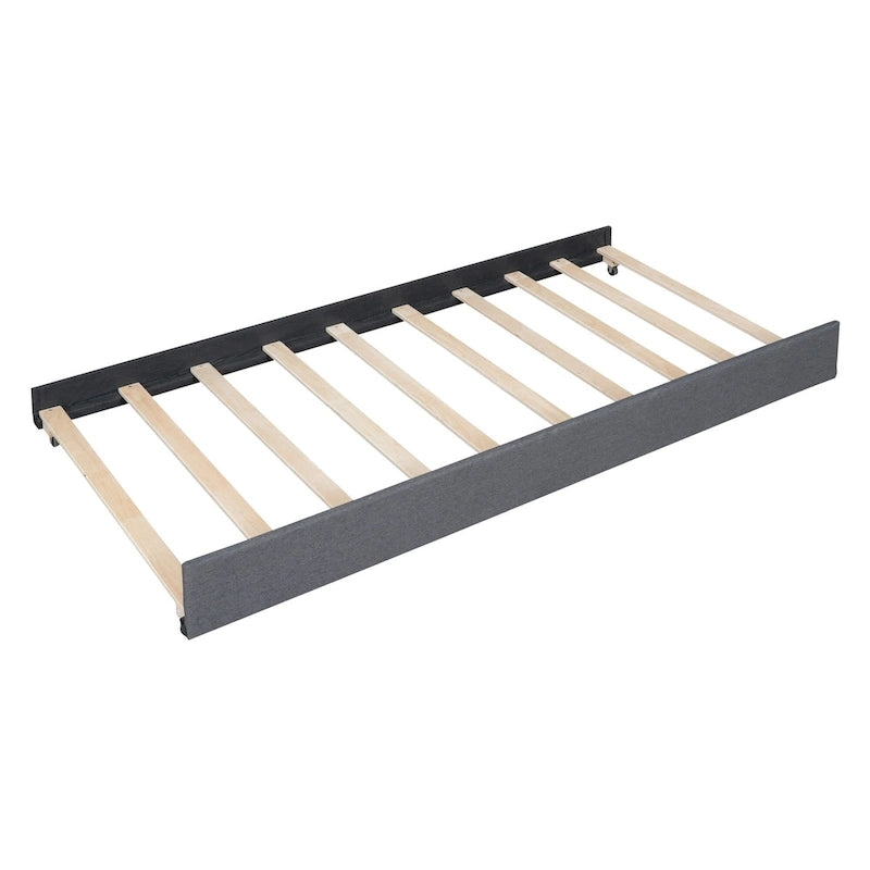 Lit plateforme tapissé de lin, tête de lit à lignes verticales avec garniture cloutée, cadre de lit en panneaux de bois avec tiroirs et lit gigogne