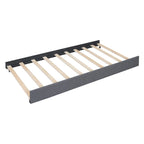 Lit plateforme tapissé de lin, tête de lit à lignes verticales avec garniture cloutée, cadre de lit en panneaux de bois avec tiroirs et lit gigogne