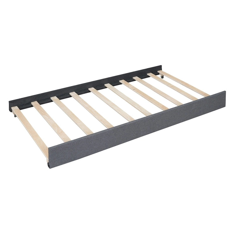Lit plateforme tapissé de lin, tête de lit à lignes verticales avec garniture cloutée, cadre de lit en panneaux de bois avec tiroirs et lit gigogne