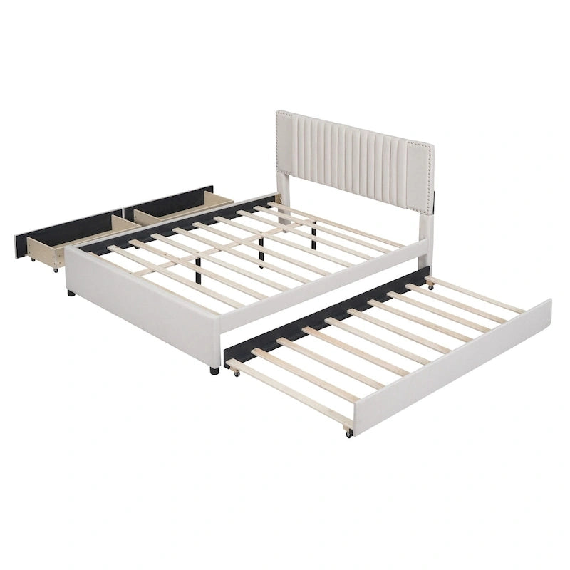 Lit plateforme tapissé de lin, tête de lit à lignes verticales avec garniture cloutée, cadre de lit en panneaux de bois avec tiroirs et lit gigogne