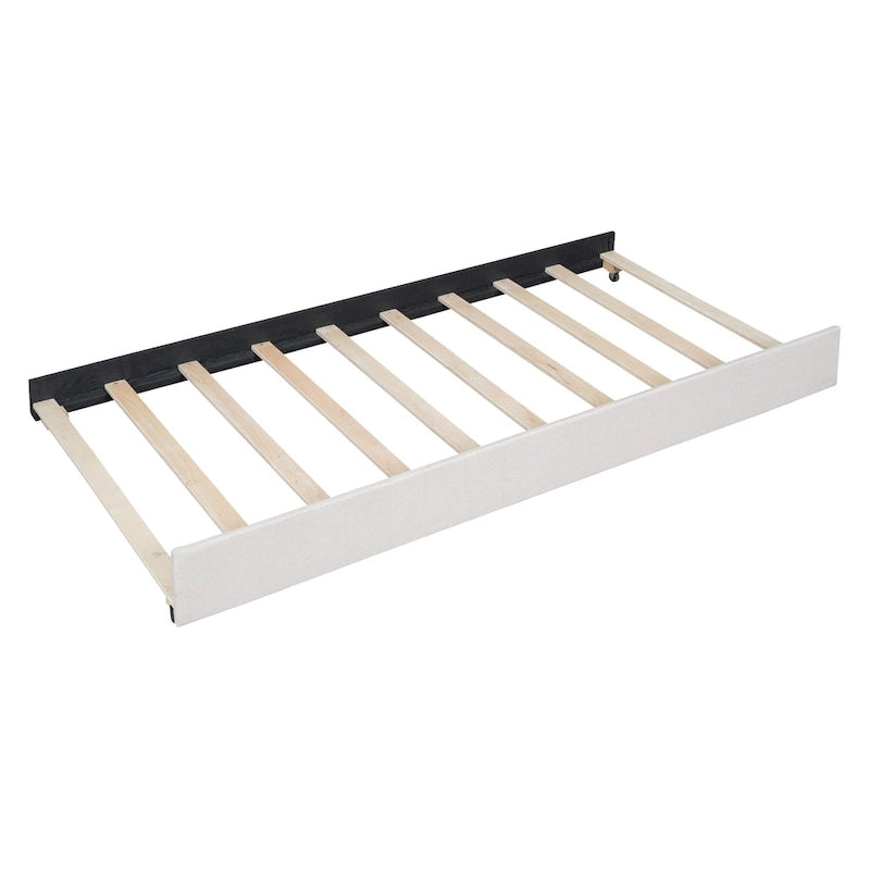 Lit plateforme tapissé de lin, tête de lit à lignes verticales avec garniture cloutée, cadre de lit en panneaux de bois avec tiroirs et lit gigogne