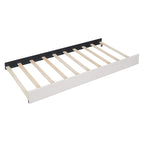 Lit plateforme tapissé de lin, tête de lit à lignes verticales avec garniture cloutée, cadre de lit en panneaux de bois avec tiroirs et lit gigogne