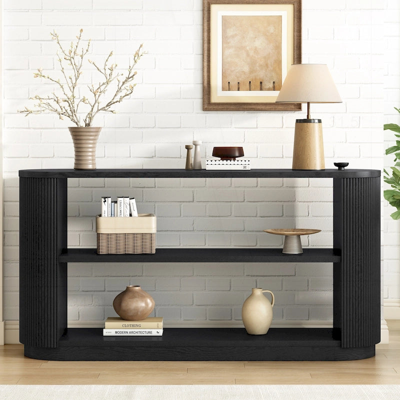 Console polyvalente mince avec étagère ouverte et grain de bois élégant pour le salon