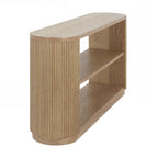 Console polyvalente mince avec étagère ouverte et grain de bois élégant pour le salon