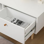 Meuble TV minimaliste blanc crème avec 2 armoires de rangement et 4 pieds en bois massif pour salon, home cinéma ou appartement