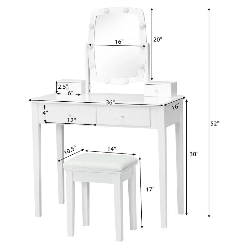 Coiffeuse avec miroir lumineux et 10 ampoules réglables