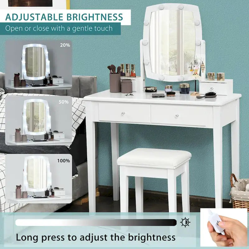 Coiffeuse avec miroir lumineux et 10 ampoules réglables