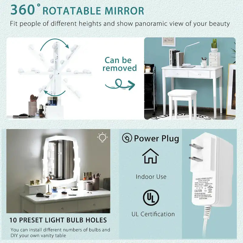 Coiffeuse avec miroir lumineux et 10 ampoules réglables